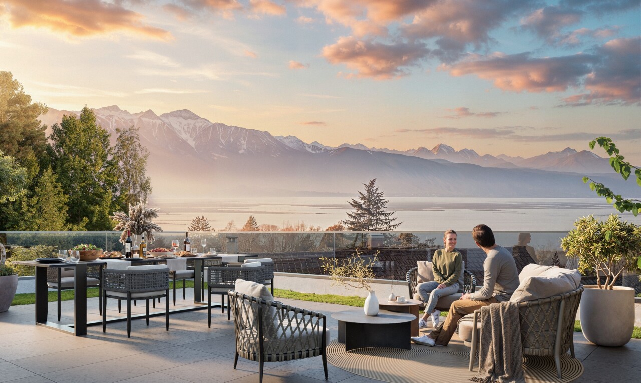 terrace featuring outdoor seating and a mountain view
