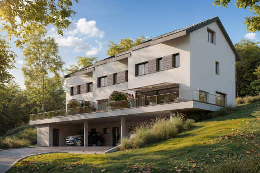 façade avec property visible, pelouse, bardage en stuc, et day time