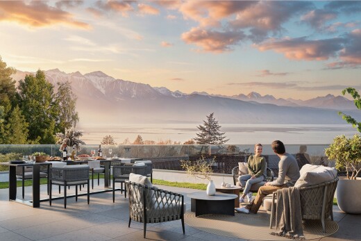 terrasse avec espace de vie extérieur, mountain view, vue sur la montagne, et rendered