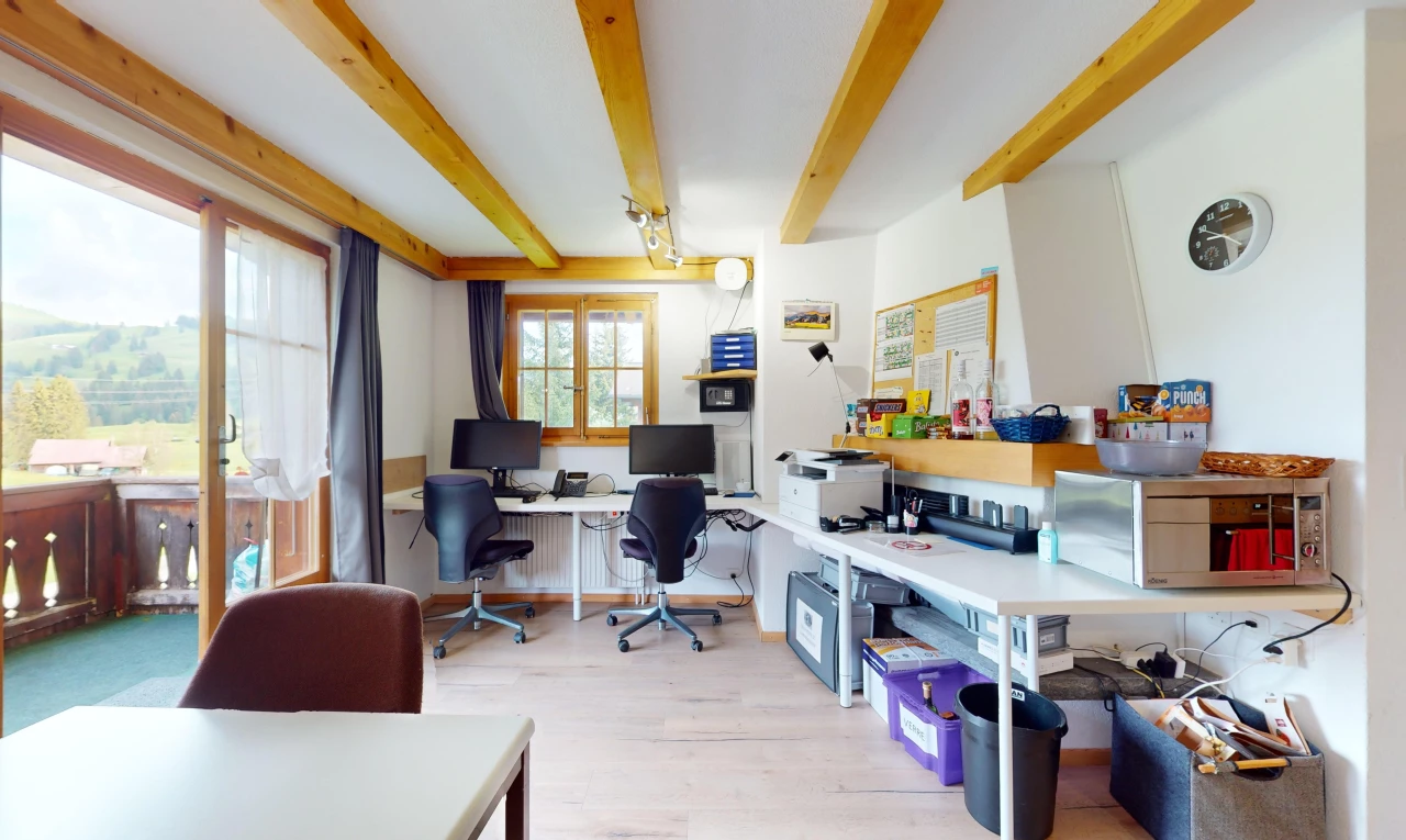 bureau avec télévision, plafond à poutres, beamed ceiling, lumière naturelle, et natural light