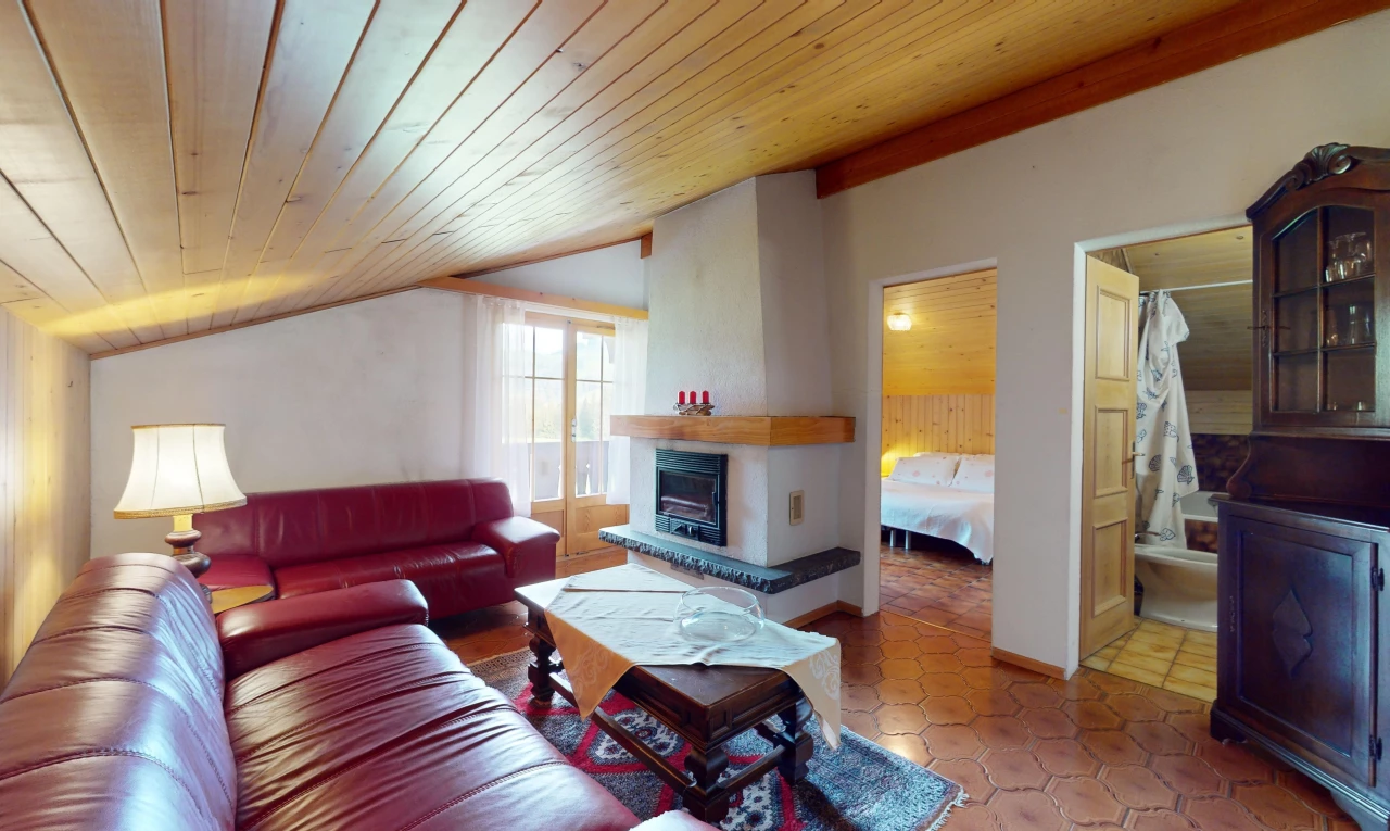 salon avec lumière naturelle, natural light, inside property, plafond en bois, et wood ceiling