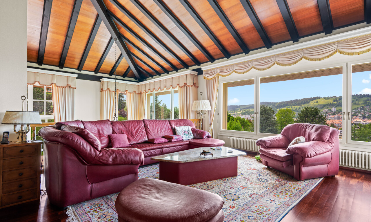 salon avec plafond voûté, vaulted ceiling, inside property, day time, et plafond à poutres