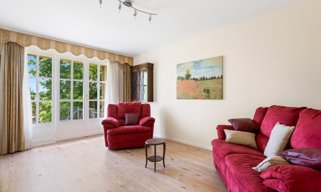 salon avec natural light, lumière naturelle, wood finish floor, sol en finition bois, et drywall