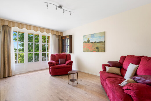 salon avec natural light, lumière naturelle, wood finish floor, sol en finition bois, et drywall