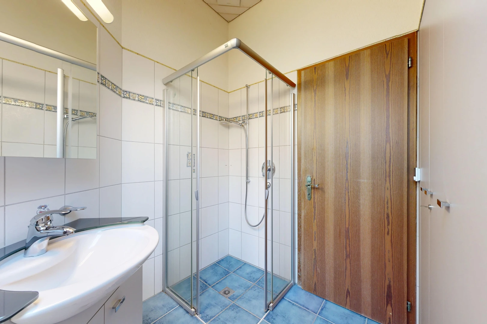bad mit komplettes badezimmer, spiegel, dusche, waschbecken, und schminktisch