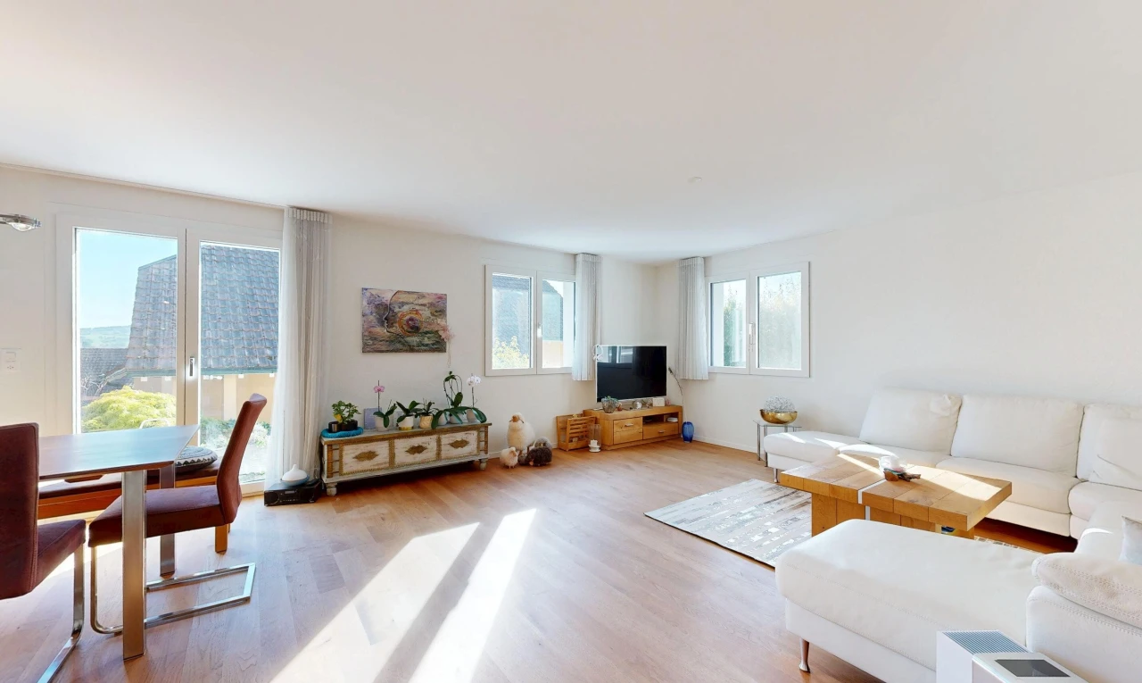 wohn- / esszimmer mit natürliches licht, drywall, gipskartonwand, fernseher, und wood finish floor
