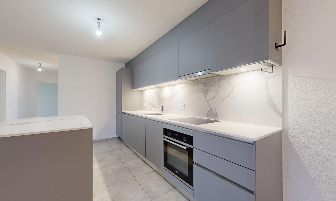cuisine avec flat panel cabinets, armoires à panneau plat, four, light countertops, et gray cabinets