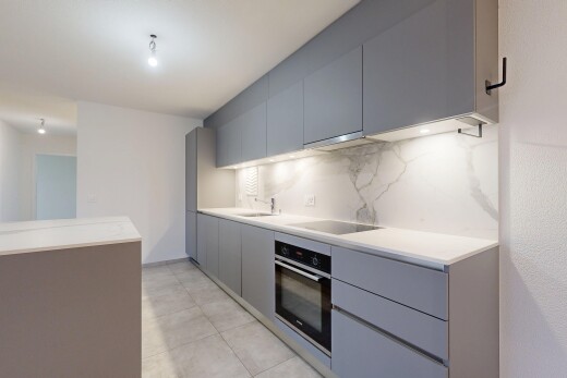 cuisine avec flat panel cabinets, armoires à panneau plat, four, light countertops, et gray cabinets