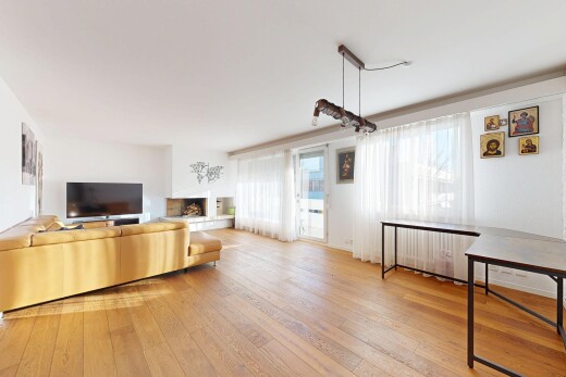 salon avec télévision, inside property, sol en finition bois, wood finish floor, et cloison sèche