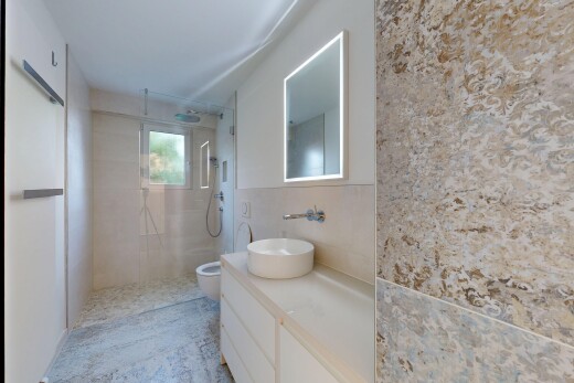 salle de bains avec salle de bain complète, lavabo (ou coiffeuse selon le contexte), douche, miroir, et évier