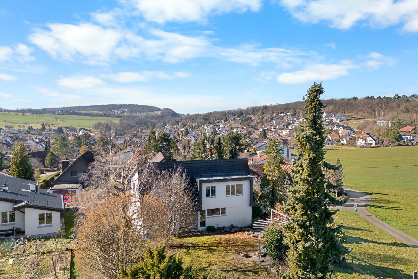 façade avec day time, vue résidentielle, residential view, pelouse, et drone view