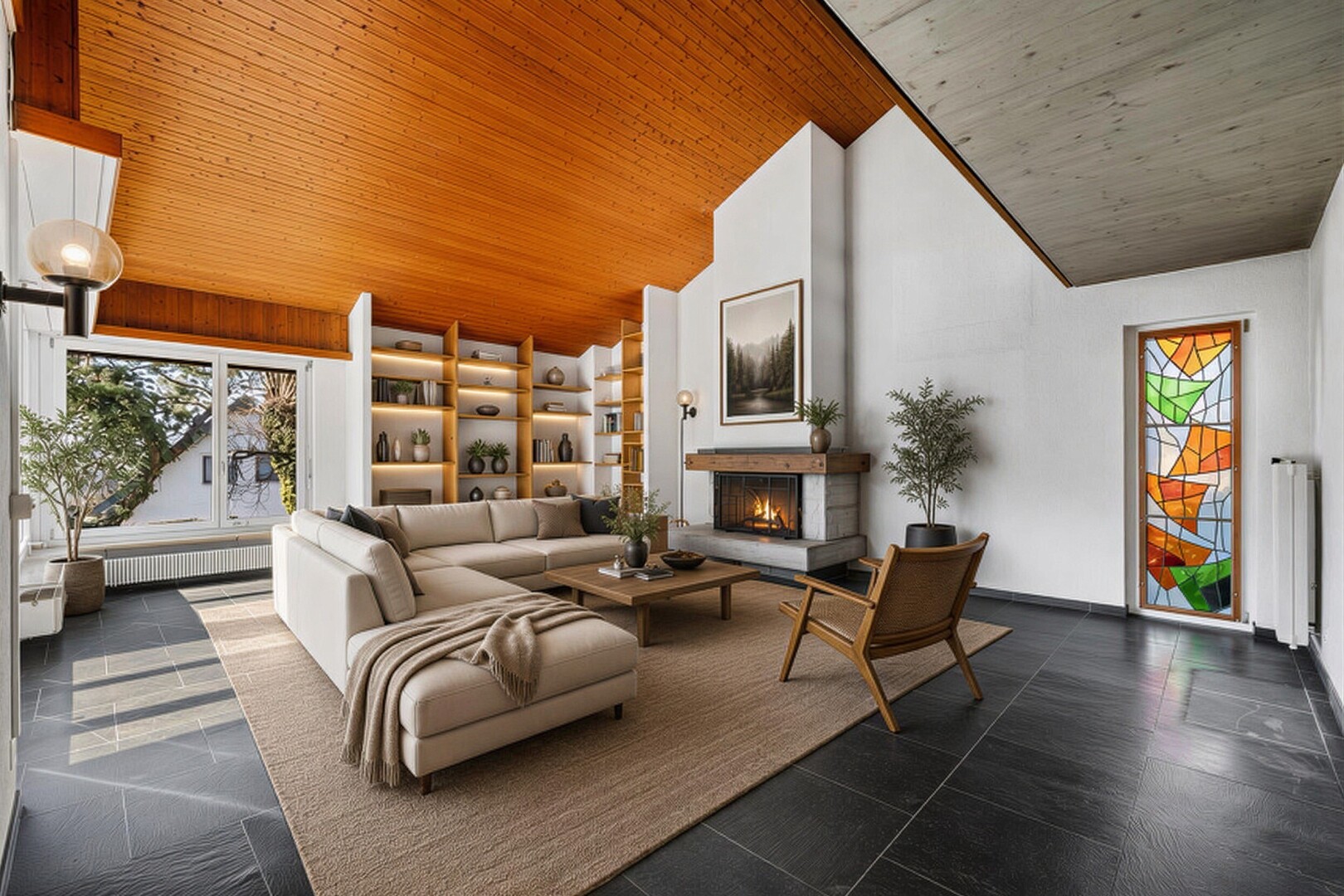 wohnzimmer mit natürliches licht, natural light, dachschräge, vaulted ceiling, und inside community