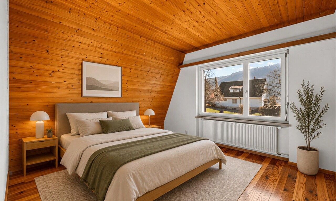 leerer raum mit wood ceiling, holzdecke, kühler, carpet, und teppich