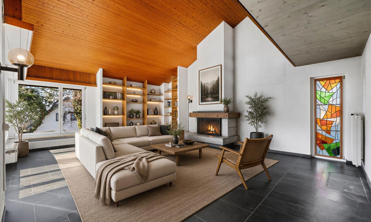 wohnzimmer mit natürliches licht, natural light, dachschräge, vaulted ceiling, und inside community