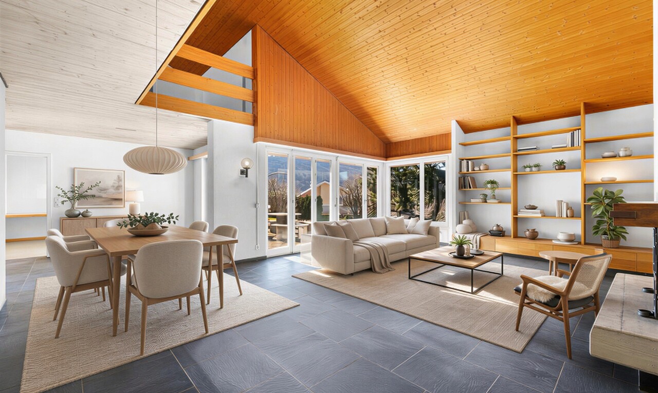 wohnzimmer mit inside property, hohe decke, high ceiling, natürliches licht, und natural light