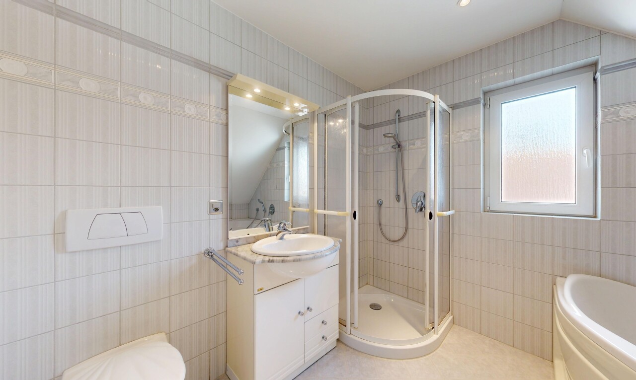 salle de bains avec mur en carrelage, tile wall, salle de bain complète, douche, et miroir