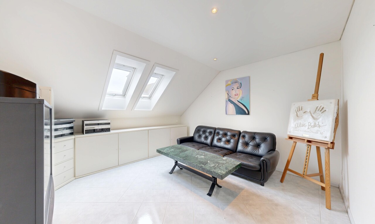 salon avec pièce supplémentaire, puits de lumière, vaulted ceiling, plafond voûté, et inside property