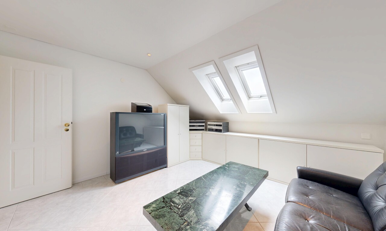 salon avec puits de lumière, plafond voûté, vaulted ceiling, pièce supplémentaire, et inside property