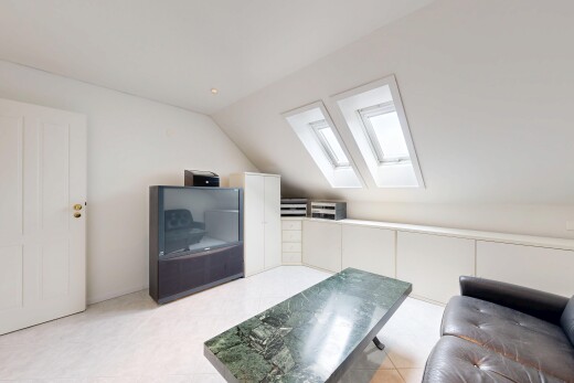 living room with a skylight and vaulted ceiling