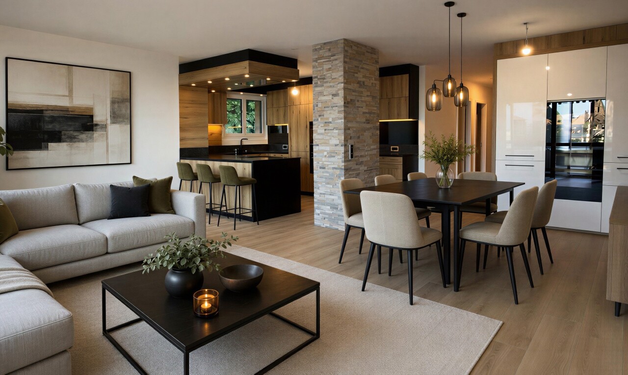 cuisine avec éclairage suspendu, wood finish floor, sol en finition bois, opens to living area, et ouvert sur l'espace de vie