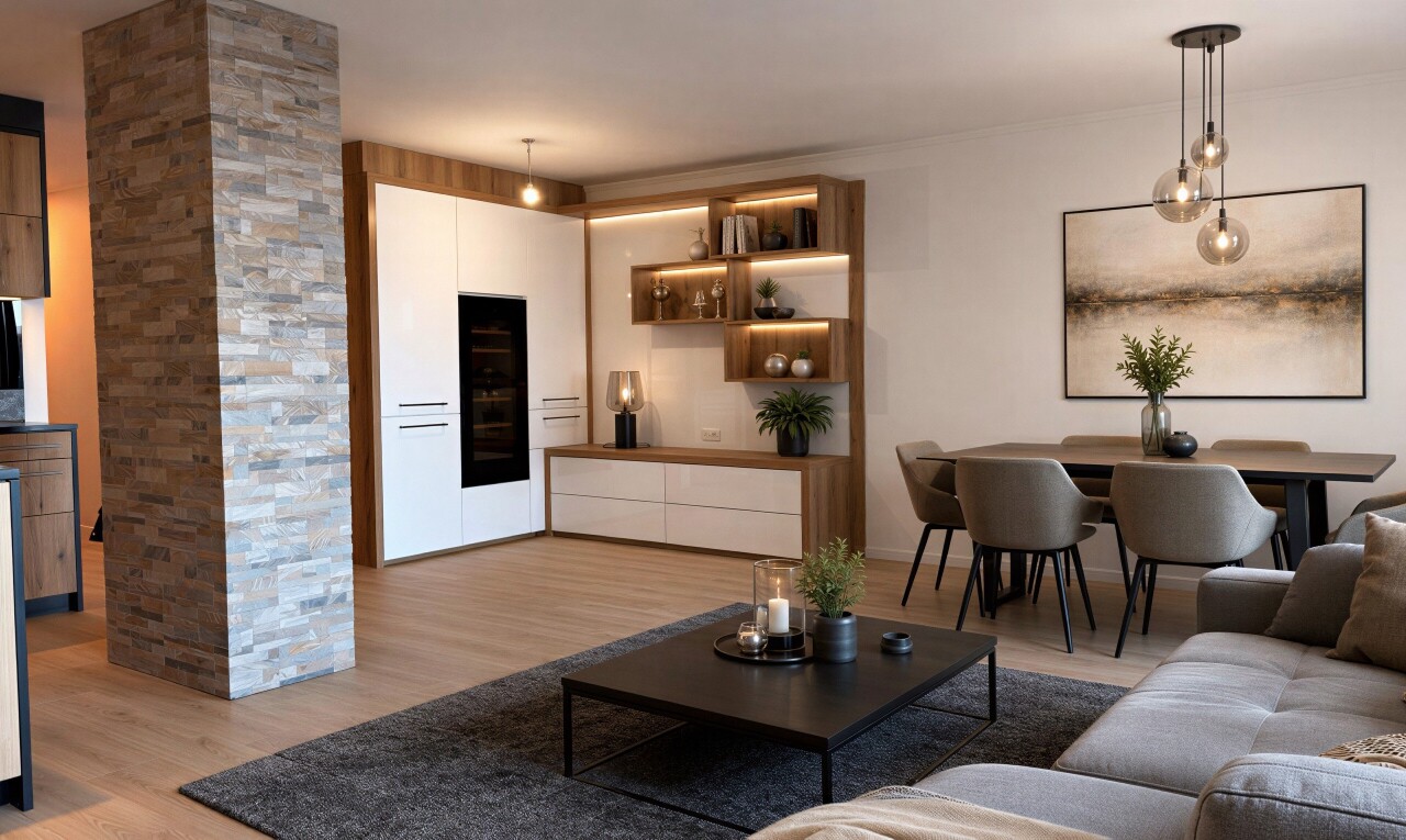 pièce vide avec sol en finition bois, wood finish floor, éclairage suspendu, cloison sèche, et drywall