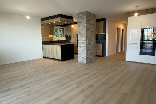 cuisine avec éclairage suspendu, wood finish floor, sol en finition bois, opens to living area, et ouvert sur l'espace de vie