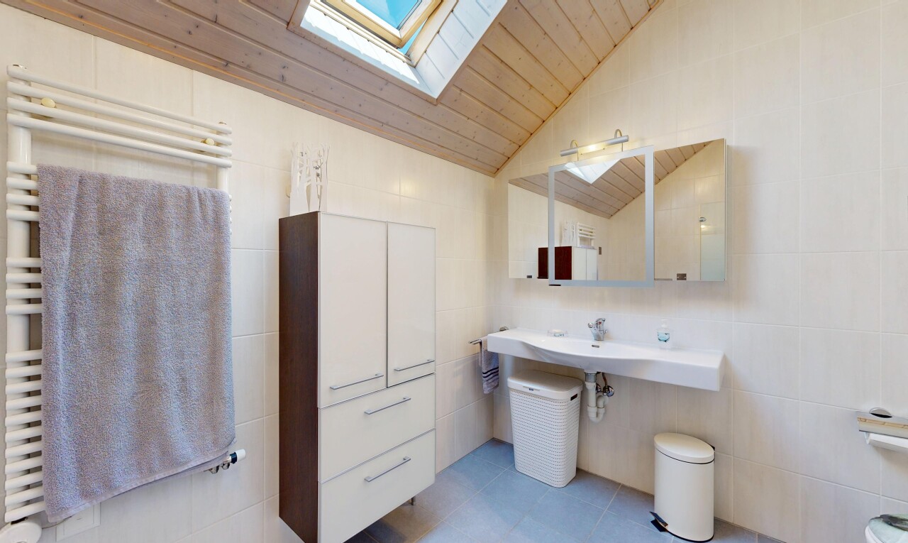 bad mit fliesenwand, tile wall, dachfenster, spiegel, und inside property