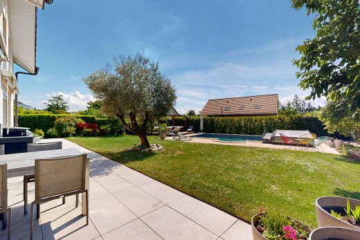 garten mit from property, terrasse, rasen, essbereich im freien, und schwimmbad