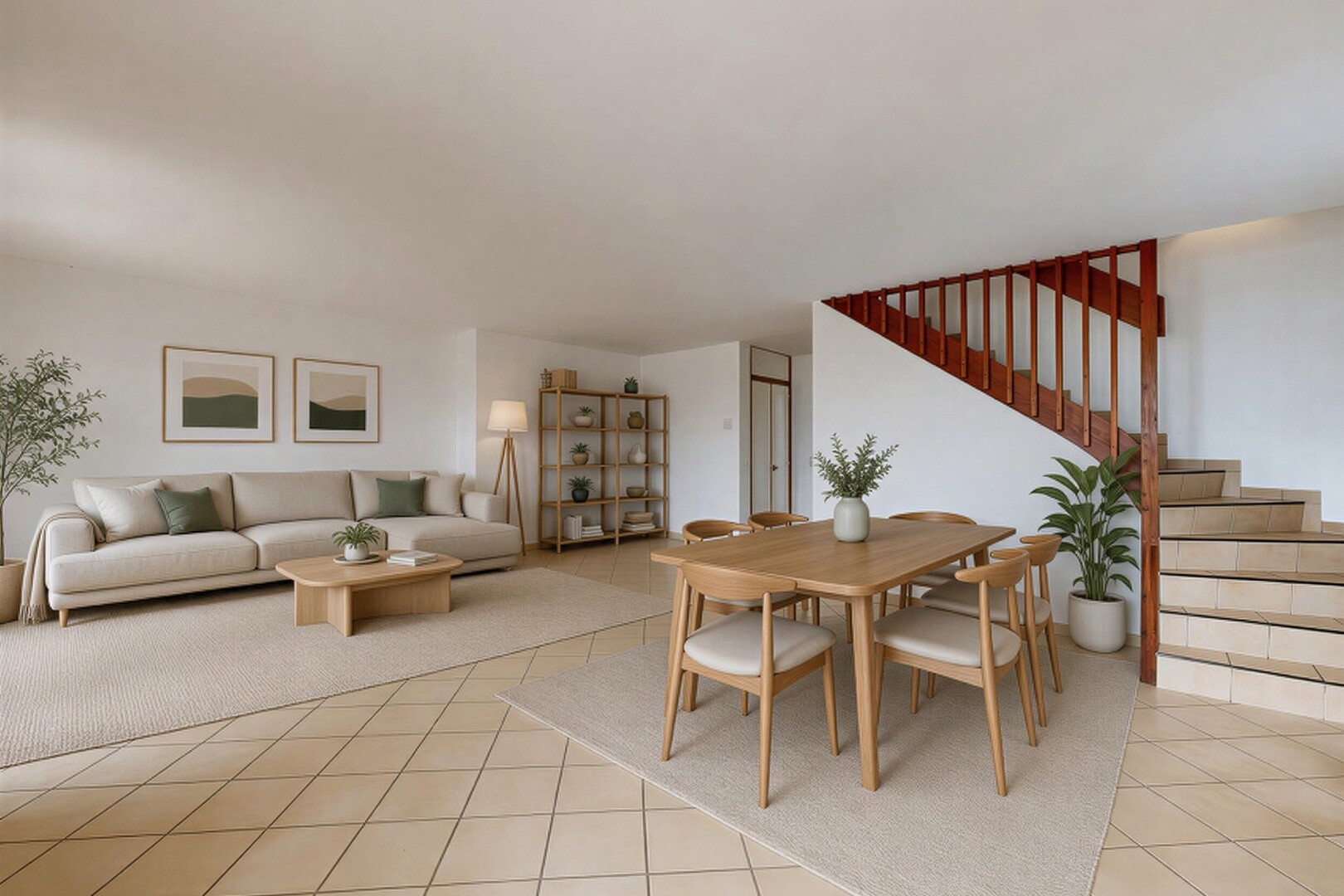 living / dining room with stairs and light tile patterned flooring