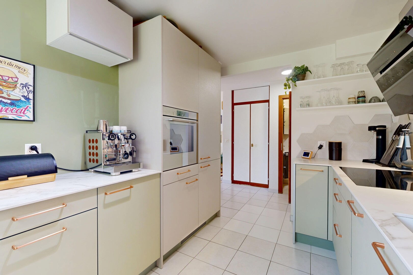 kitchen with extractor fan, stainless steel oven, open shelves, black electric cooktop, and light tile patterned floors