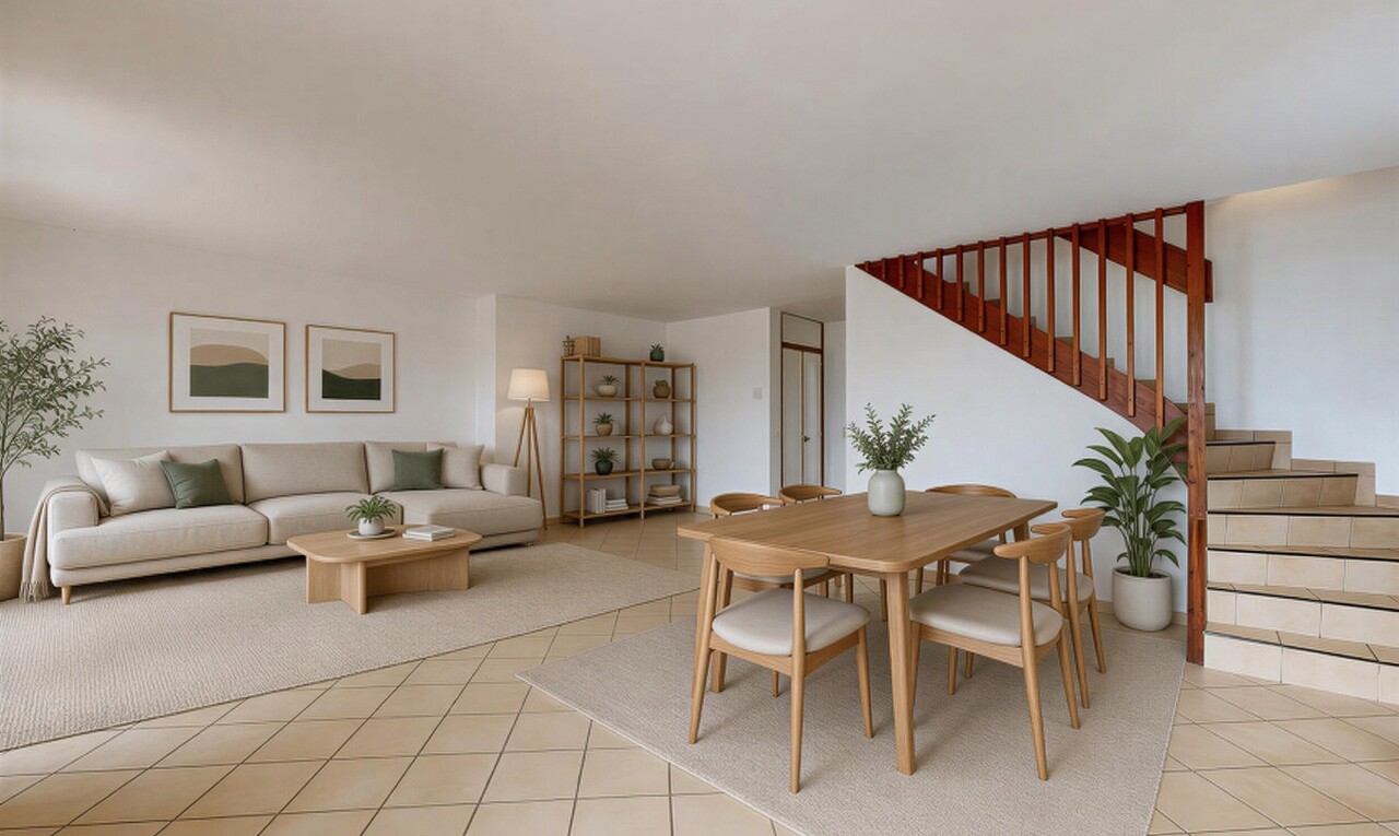 living / dining room with stairs and light tile patterned flooring