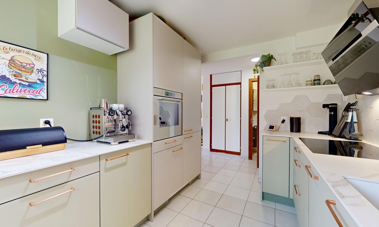 kitchen with extractor fan, stainless steel oven, open shelves, black electric cooktop, and light tile patterned floors