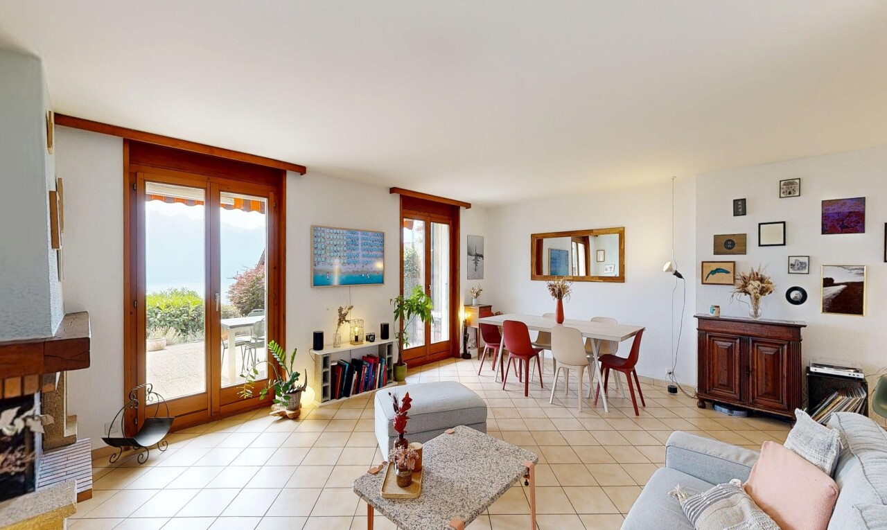 living room with light tile patterned flooring