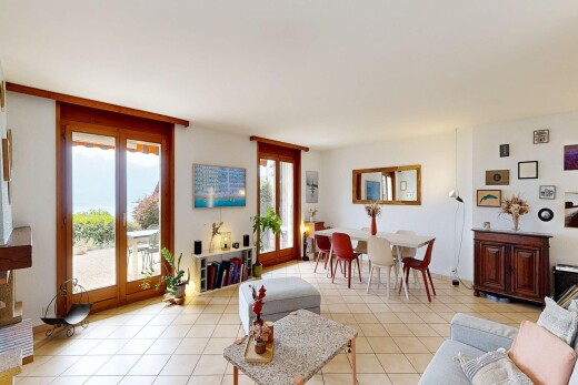 living room with light tile patterned flooring