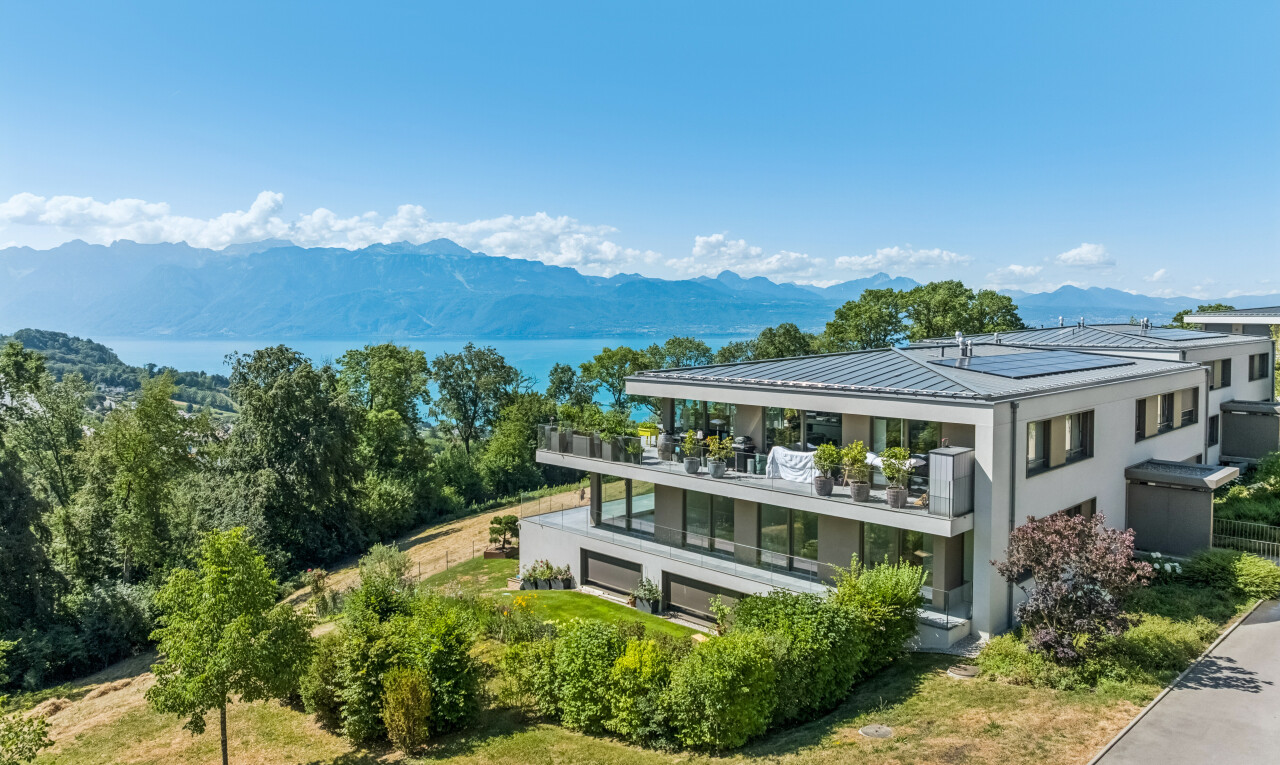 façade avec mountain view, vue sur la montagne, bardage en stuc, drone view, et day time
