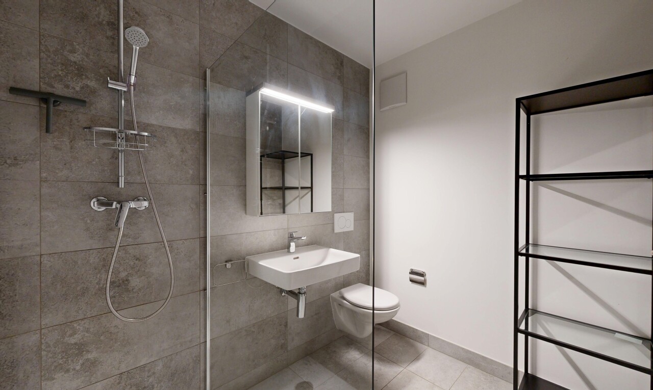 salle de bains avec miroir, douche, salle de bain complète, cloison sèche, et drywall