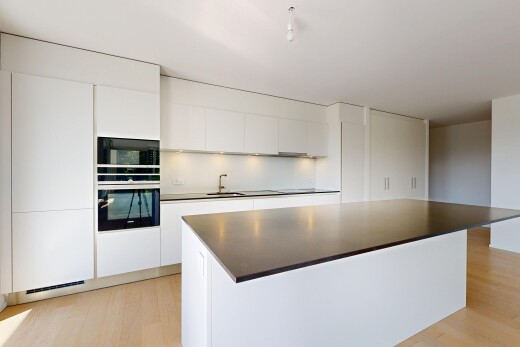 cuisine avec light floor, armoires à panneau plat, flat panel cabinets, four, et sol en finition bois