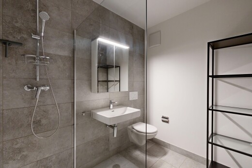 salle de bains avec miroir, douche, salle de bain complète, cloison sèche, et drywall