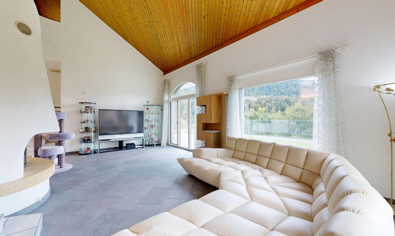 salon avec plafond haut, high ceiling, plafond voûté, vaulted ceiling, et télévision