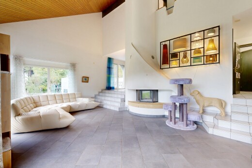 wohnzimmer mit inside property, kamin, natürliches licht, natural light, und hohe decke