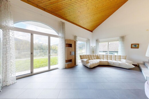 salon avec plafond haut, high ceiling, plafond voûté, vaulted ceiling, et inside property