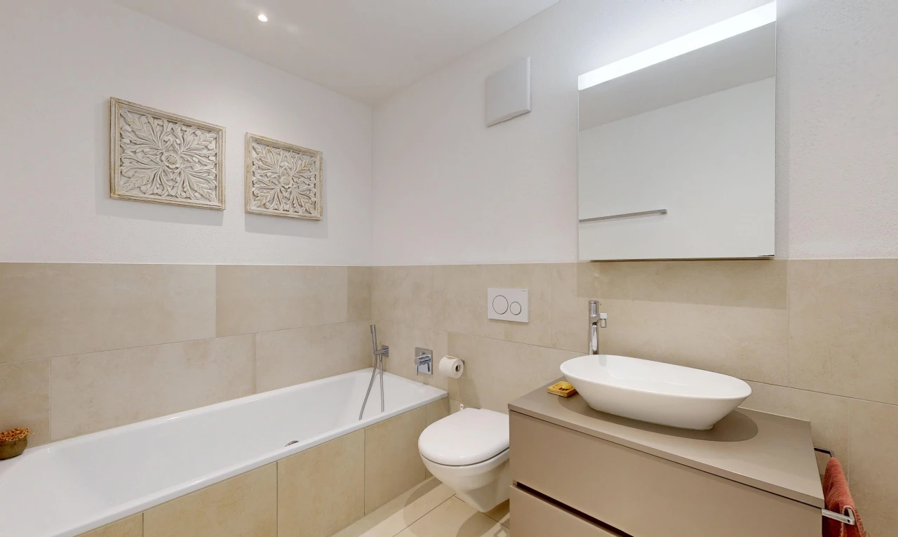 bathroom with a bath, recessed lighting, vanity, tile walls, and light tile patterned floors