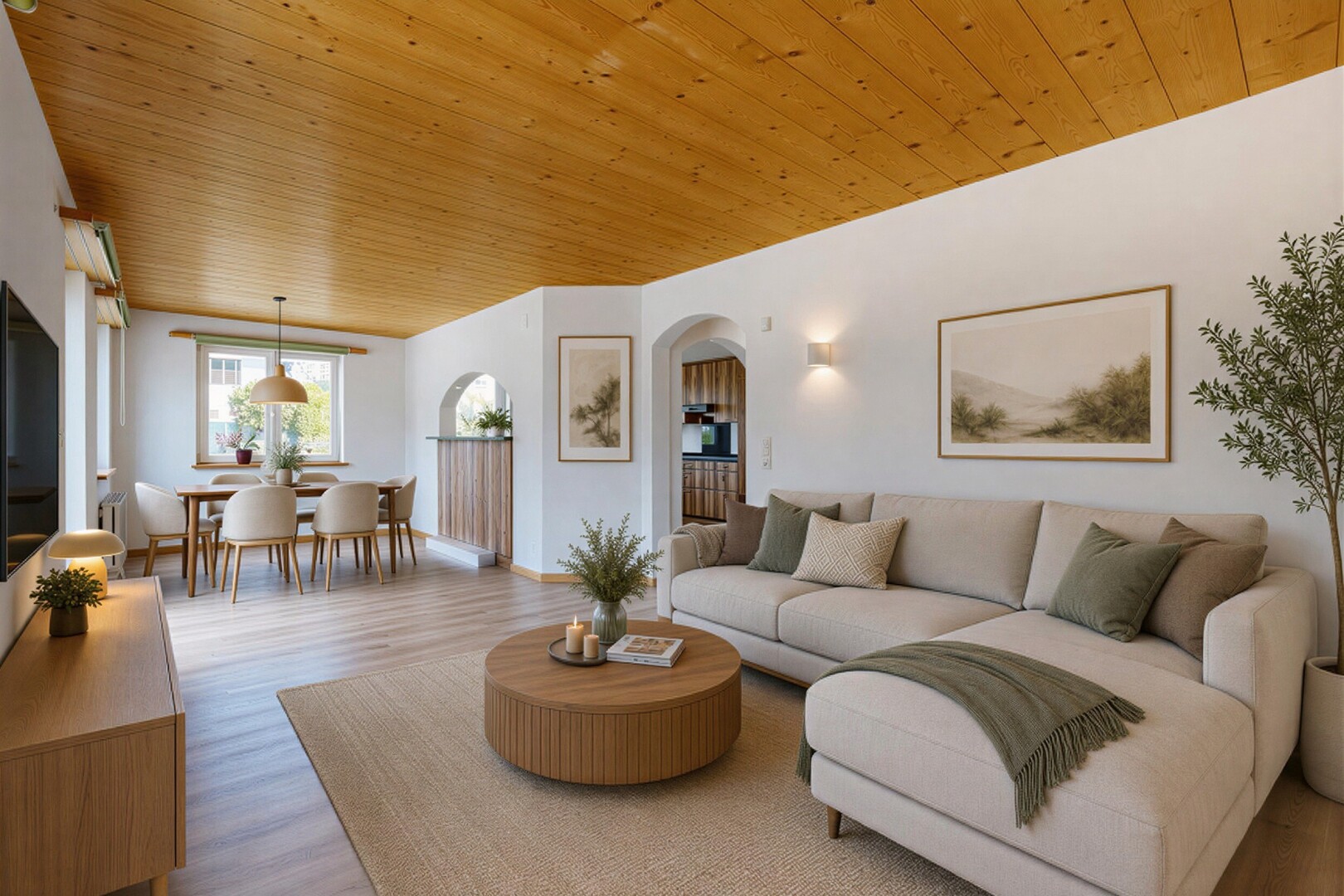 leerer raum mit natürliches licht, natural light, gewölbte gehwege, inside property, und gipskartonwand