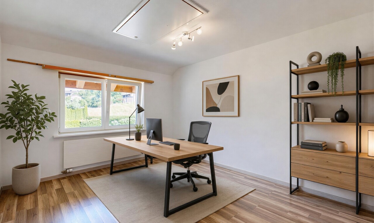 leerer raum mit klapptreppe, kühler, inside property, holzfußboden, und wood finish floor