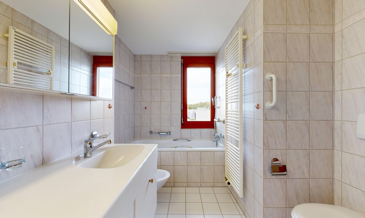 bad mit handtuchwärmer, fliesenwand, tile wall, spiegel, und toilette