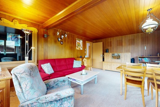 wohn- / esszimmer mit holzdecke, wood ceiling, holzwand, wood wall, und teppich