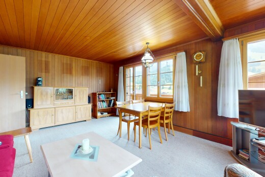 wohn- / esszimmer mit fernseher, wood ceiling, holzdecke, wood wall, und holzwand