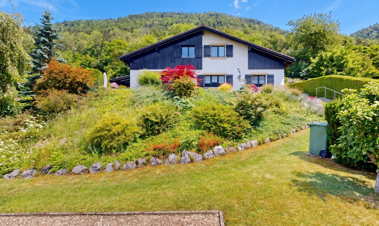 façade avec day time, forest view, vue sur la forêt, bardage vertical, et pelouse