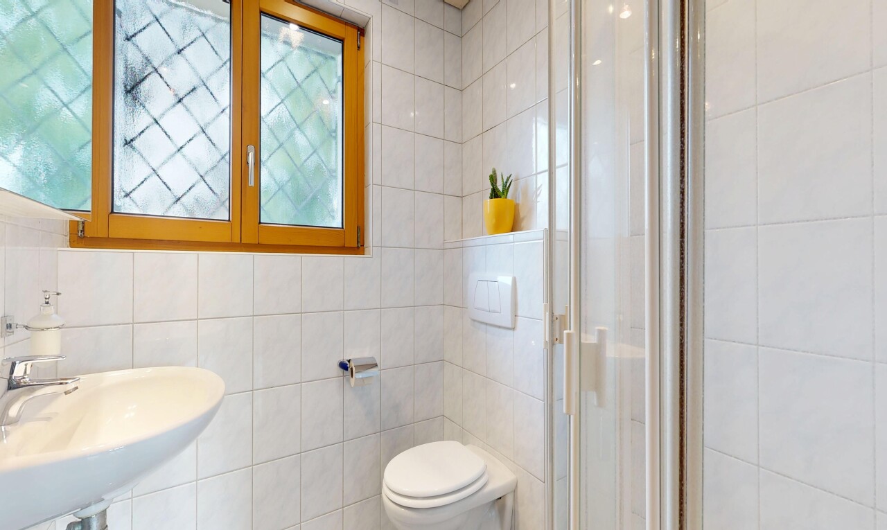 salle de bains avec toilette, tile wall, mur en carrelage, salle de bain complète, et douche