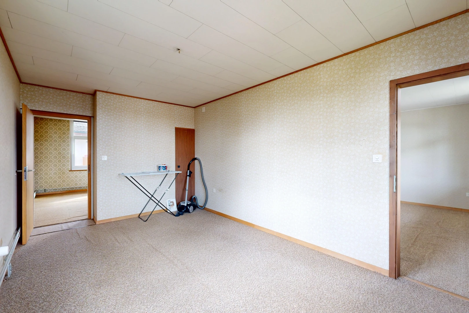 pièce vide avec mur en papier peint, wallpaper wall, moquette, carpet, et plinthes murales